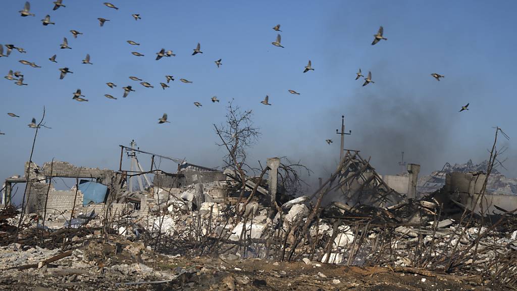 Vögel fliegen über den Rauch, der aus den Ruinen eines Bauernhofs und eines noch brennenden Getreidespeichers aufsteigt, nach einem russischen Raketenangriff. Foto: Efrem Lukatsky/AP/dpa