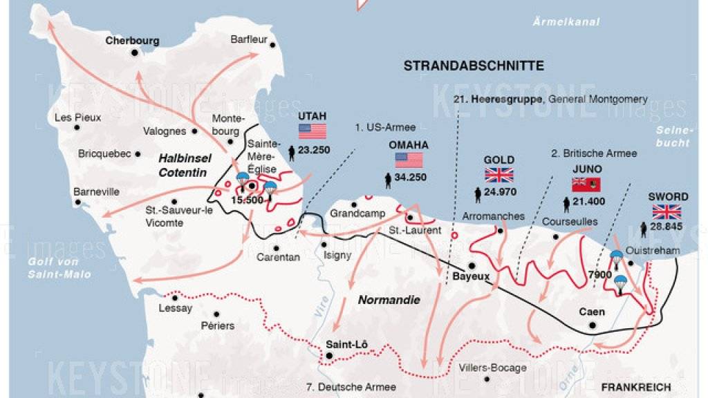 Die Karte zeigt die Landung und den Vormarsch der Alliierten in der Normandie im Juni 1944.