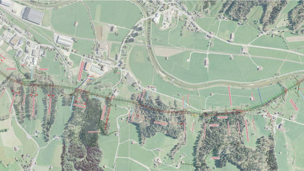 Die Linienführung der neuen Umfahrungsstrasse. Sie führt von der Umfahrung Ebnat-Kappel in den Westen Wattwils.