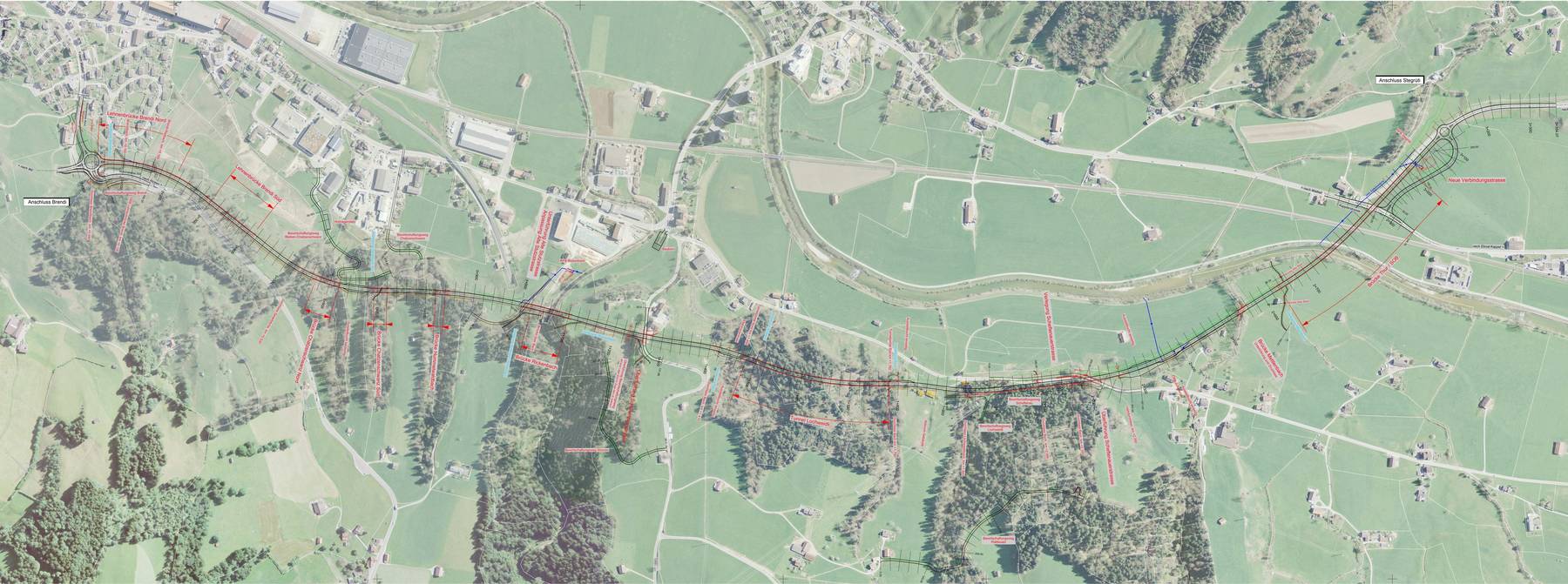 Die Linienführung der neuen Umfahrungsstrasse. Sie führt von der Umfahrung Ebnat-Kappel in den Westen Wattwils.