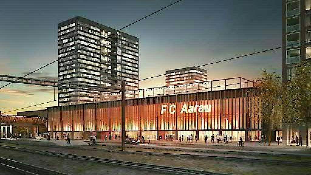 So wird es aussehen: Das neue Fussballstadion in Aarau mit vier Hochhäusern. Das Aarauer Stimmvolk macht jetzt den Weg frei.