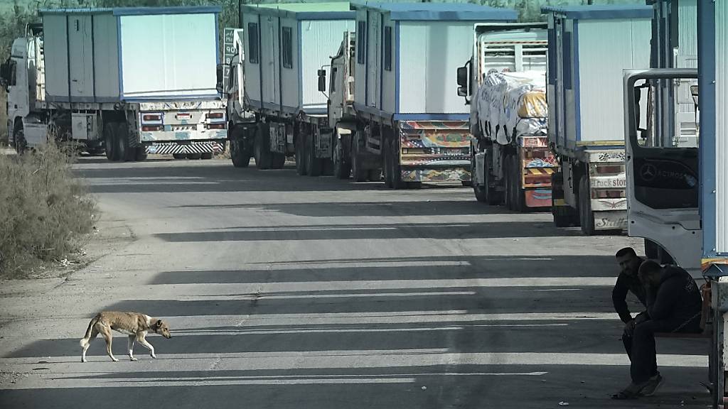 LKW-Fahrer, die humanitäre Hilfsgüter transportieren, warten am Baloza-Kontrollpunkt auf dem Weg zum Grenzübergang Rafah zwischen Ägypten und dem Gazastreifen. Foto: Amr Nabil/AP/dpa