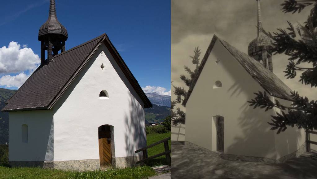 Die Kapelle im Bündner Mundaun (links) und die Kapelle im Videospiel.