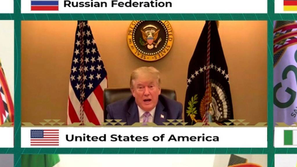 Donald Trump, US-Präsident, und weitere Staats- und Regierungschefs der führenden Wirtschaftsnationen (nicht im Bild) nehmen an einer Video-Schalte zum virtuellen G20-Gipfel teil. (Wiederholung mit verändertem Bildausschnitt) Foto: -/G20 Riyadh Summit/AP/dpa