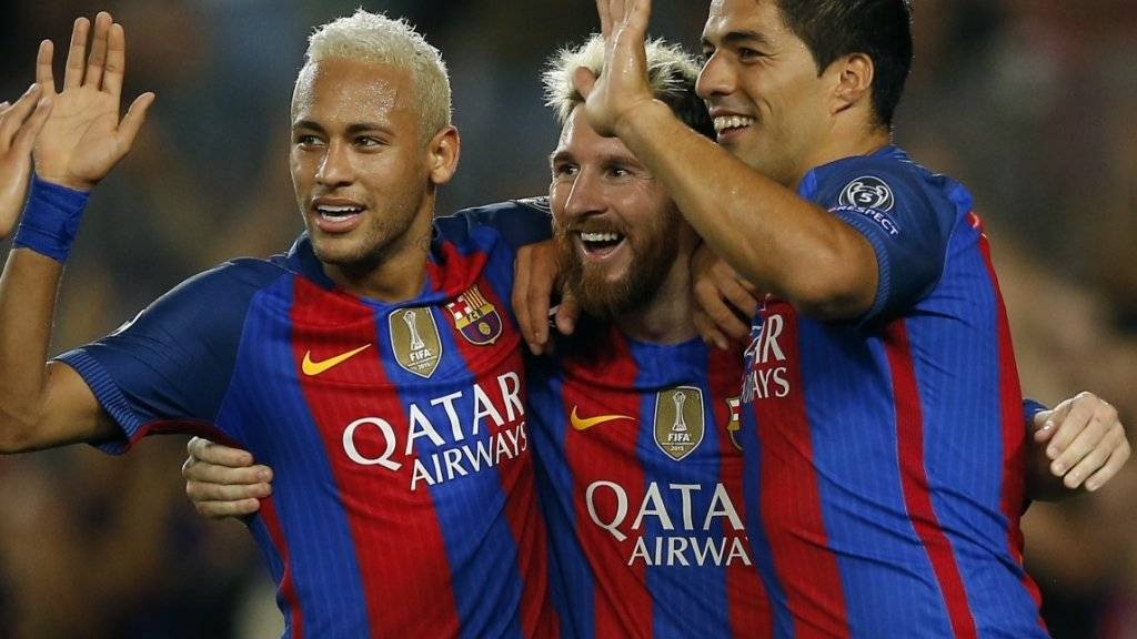 Neymar (1 Tor), Lionel Messi (3 Tore) und Luis Luis Suárez (2 Tore) waren die grossen Figuren beim 7:0-Kantersieg des FC Barcelona gegen Celtic Glasgow  (v.l.n.r)