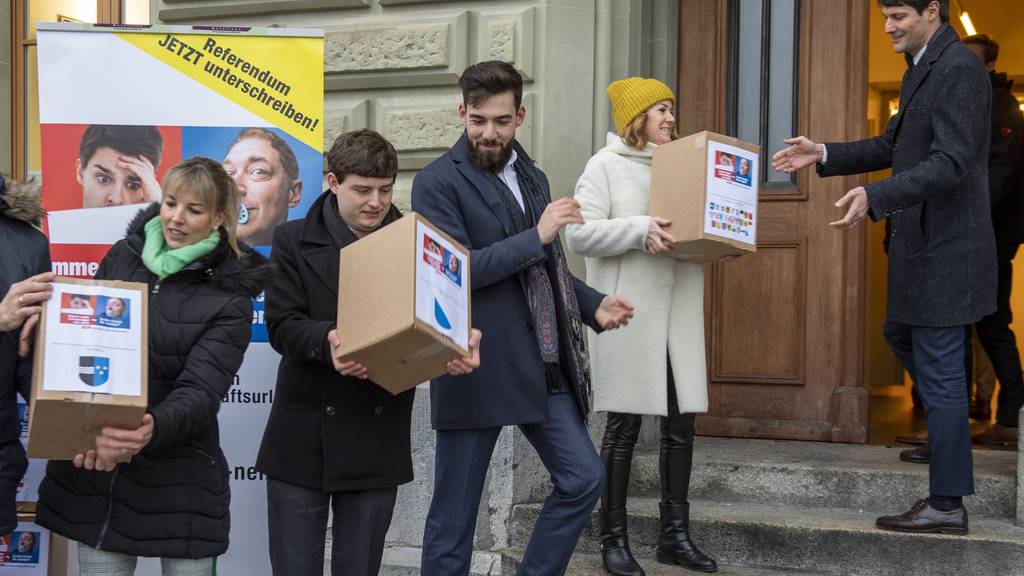 Mitglieder des Referendum-Komitees gegen den Vaterschaftsurlaub tragen die gesammelten Unterschriften am 23. Januar ins Bundeshaus.