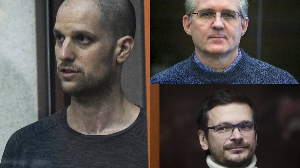 Der Wall Street Journal-Reporter Evan Gershkovich, links, der Sicherheitsbeauftragte Paul Whelan, oben rechts, und der russischen Oppositionellen Ilja Jaschin. Foto: Uncredited/AP