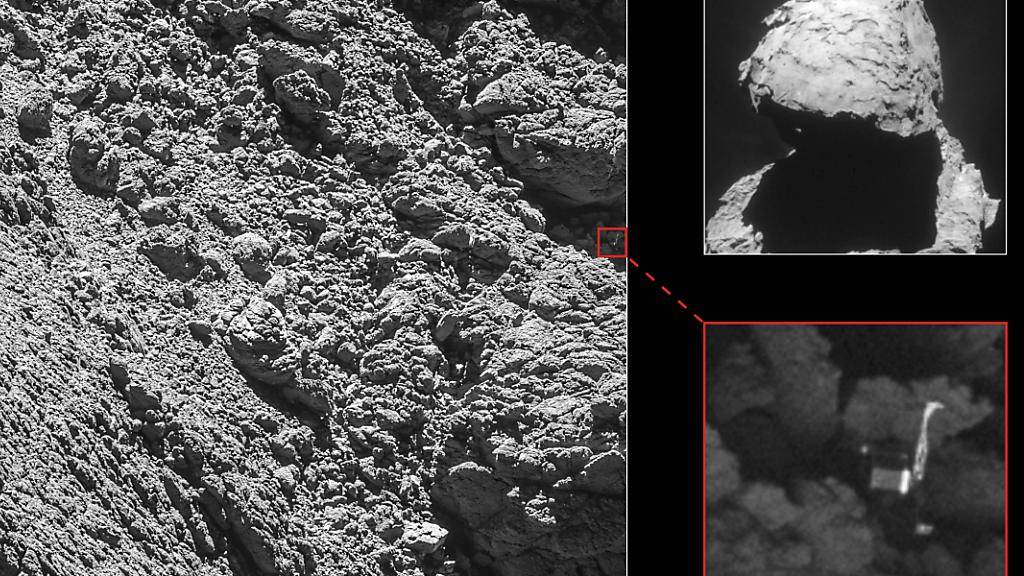 Nach langer Suche nach dem kühlschrankgrossen Landeroboter Philae haben ESA-Forschende ihn nun endlich in Oberflächenaufnahmen des Kometen Tschuri entdeckt.