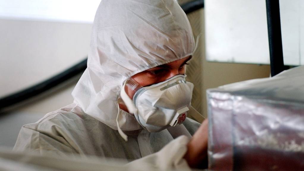 Ein Arbeiter mit Mundschutz und Schutzkleidung bereitet eine Abfallkiste voll asbestverseuchtem Material auf ihren Abtransport vor. (Archivbild)