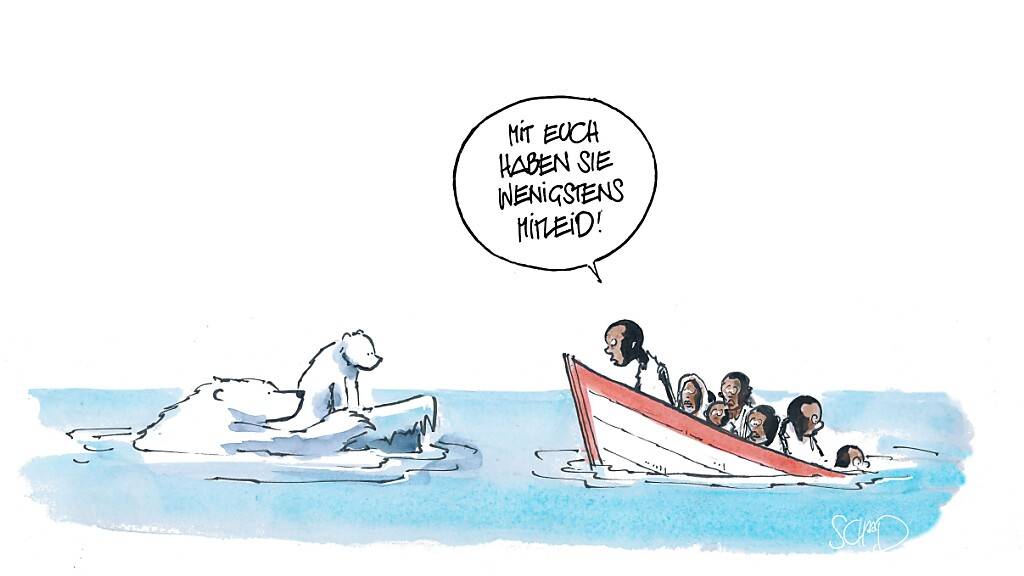 Witzig, wenn es nicht so tragisch wäre: Lösungen finden wir weder für die Flüchtlings- noch für die Klimakrise. Der Karikaturist Felix Schaad bringt dieses Dilemma auf den Punkt.