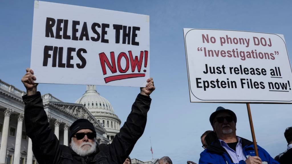 Demonstranten halten Schilder während einer Pressekonferenz zum Epstein Files Transparency Act vor dem U.S. Capitol in Washington, D.C.. Foto: Mehmet Eser/ZUMA Press Wire/dpa