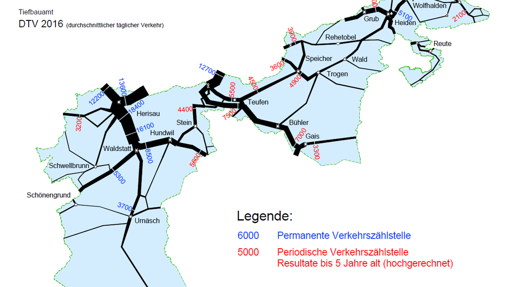 Das Kantonsstrassennetz mit den Hauptangaben des durchschnittlichen täglichen Verkehrs 2016