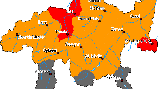 Diese Karte zeigt die allgemeine Waldbrandgefahr im Kanton Graubünden.