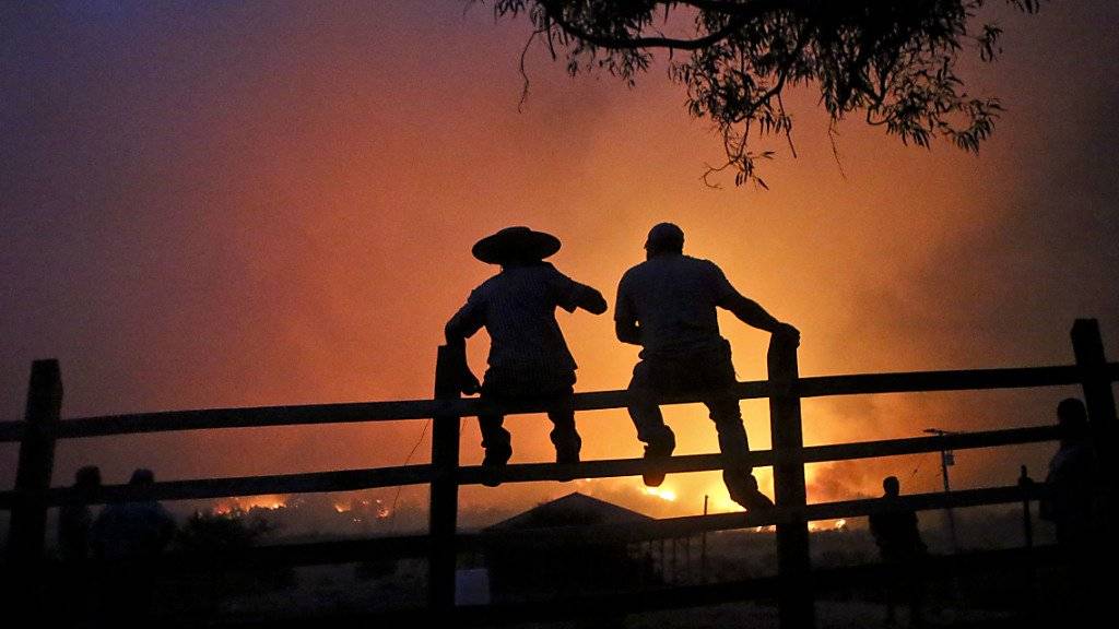 Zaungäste vor dem Schein der Brände im chilenischen Portezuelo