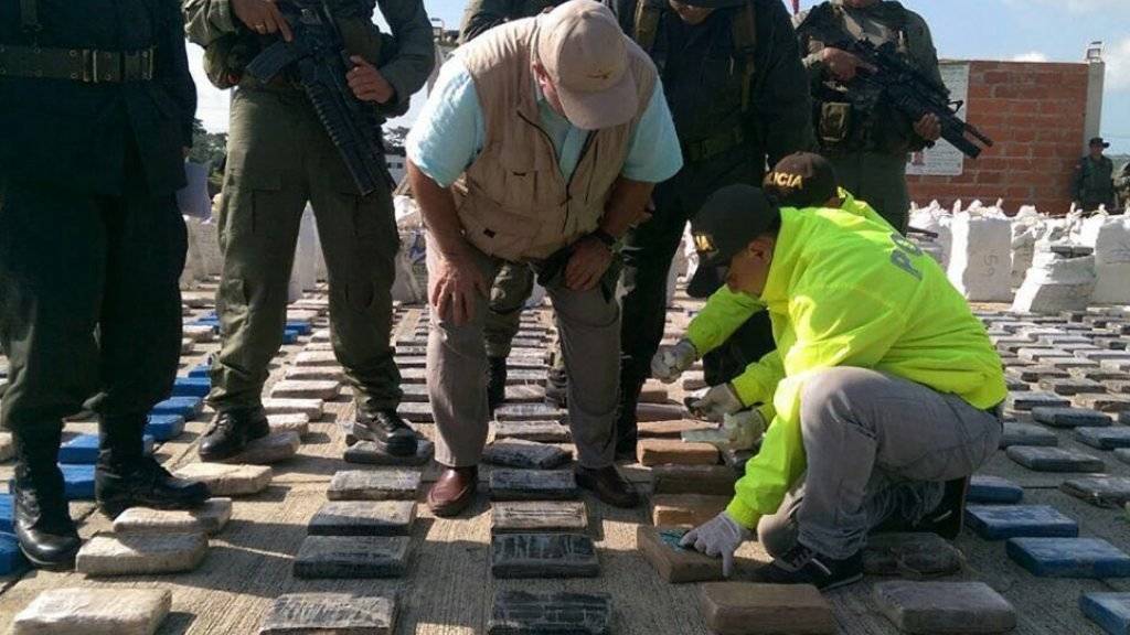 So sehen acht Tonnen Kokain aus, wenn sie fein säuberlich ausgebreitet werden: Die Polizei in Kolumbien begutachtet ihren Rekordfund.