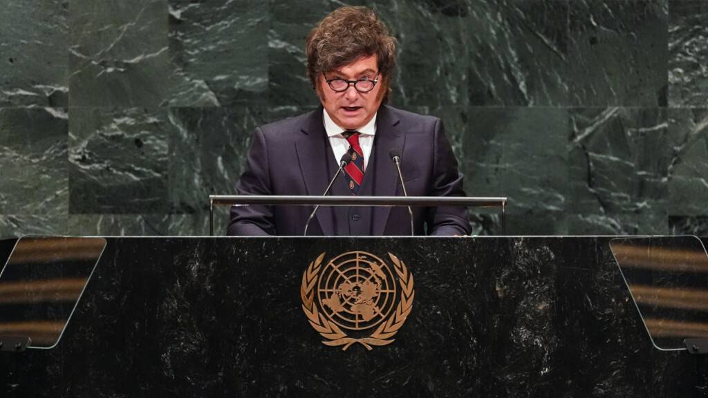 Der argentinische Präsident Javier Milei hält im Hauptquartier der Vereinten Nationen eine Rede. Foto: Heather Khalifa/FR172147 AP/AP/dpa