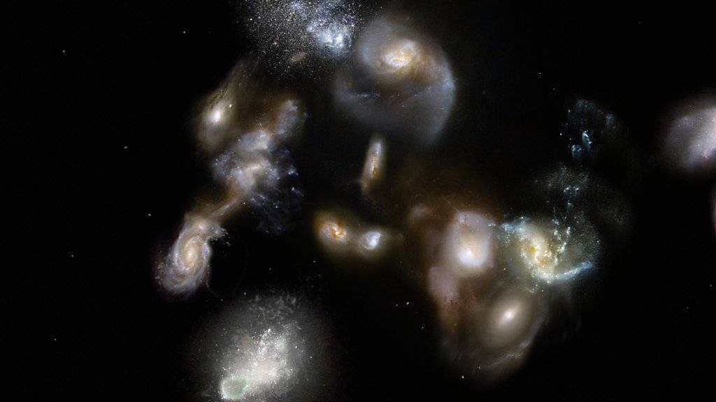Eine Gruppe von heranwachsenden Galaxien im frühen Universum. (Computerbild)