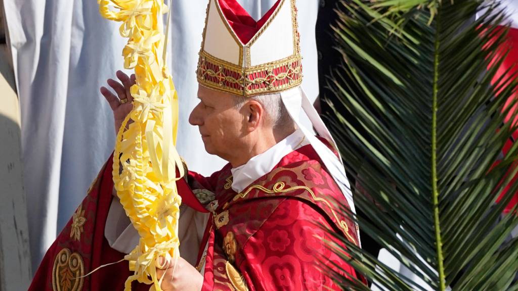 Papst Leo XIV. leitet die Messe auf dem Petersplatz im Vatikan am katholischen Palmsonntag. Foto: Alessandra Tarantino/AP/dpa