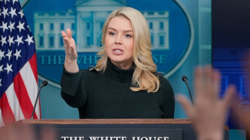 Die Pressesprecherin des Weißen Hauses, Karoline Leavitt, spricht mit Reportern im James Brady Press Briefing Room im Weißen Haus. Foto: Alex Brandon/AP/dpa