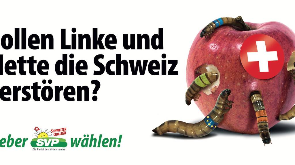 Die Schweiz als Apfel, der ausgehölt wird von Würmern in den Farben der Parteien sowie der EU.