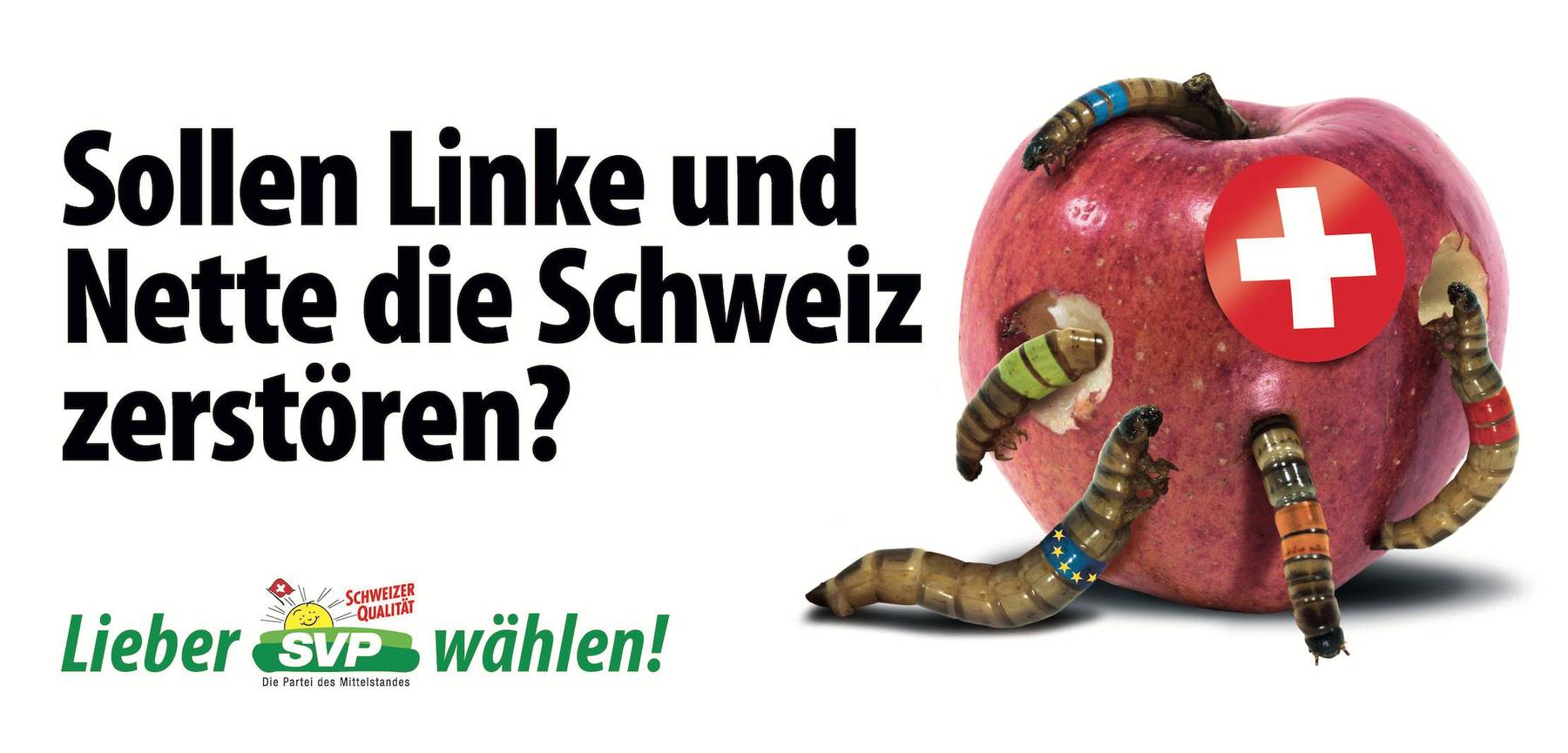 Die Schweiz als Apfel, der ausgehölt wird von Würmern in den Farben der Parteien sowie der EU.
