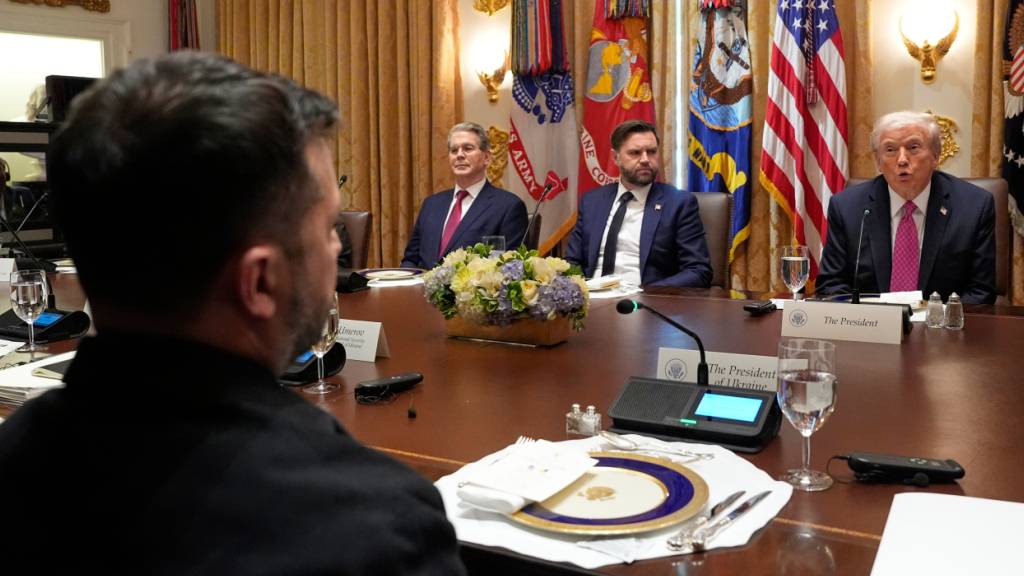Der ukrainische Präsident Wolodymyr Selenskyj (vorn) sitzt beim Treffen mit US-Präsident Donald Trump (r) im Kabinettssaal des Weißen Hauses. Foto: Alex Brandon/AP/dpa