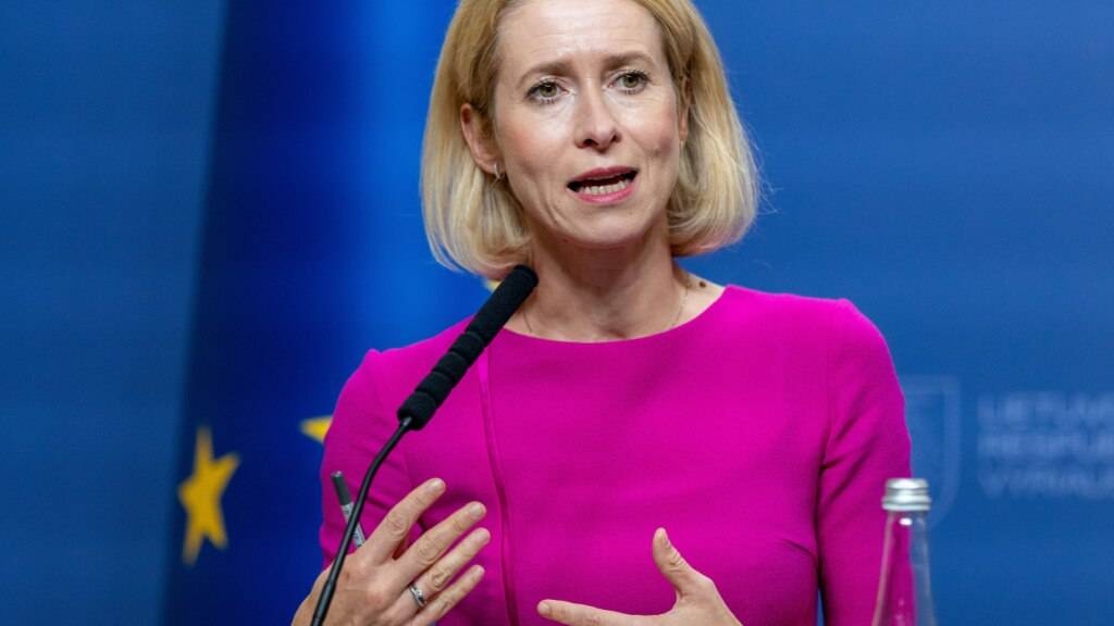 Die Außenbeauftragte der Europäischen Union, Kaja Kallas, spricht während einer Pressekonferenz im Anschluss an ihr Treffen mit dem litauischen Ministerpräsidenten Sinkevicius im Regierungssitz in der litauischen Hauptstadt. Foto: Mindaugas Kulbis/AP/dpa