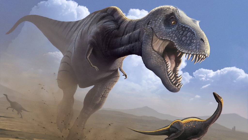 Computergrafik eines Tyrannosaurus Rex, der einen Ornithomimus-Dino jagt. T-Rex war einer der grössten fleischfressenden Dinosaurier.