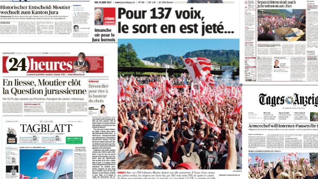 Rot-Weiss beherrscht die Titelseiten der Schweizer Zeitungen am Tag nach dem Urnengang in Moutier. (Screenshots)