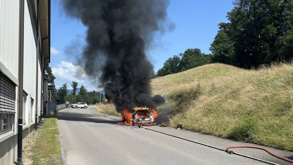 Kurz nachdem der Fahrer ausgestiegen war, begann das Elektroauto zu brennen.