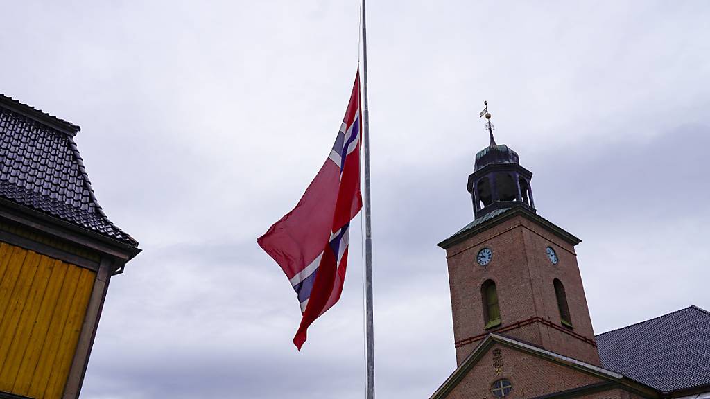 Eine Fahne weht nach der Gewalttat in Norwegen mit fünf Toten auf Halbmast. Foto: Terje Bendiksby/NTB/dpa