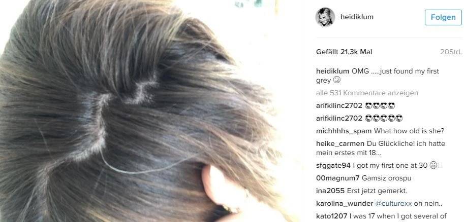 Mit 43 Jahren hat Heidi Klum offenbar ihr erstes graues Haar entdeckt. (Instagram)