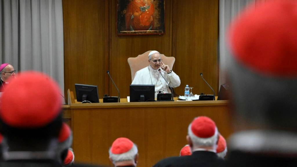 HANDOUT - Papst Leo XIV. spricht vor dem Kardinalskollegium in der Neuen Synodenhalle im Vatikan. Foto: Uncredited/Vatican media via AP/dpa - ACHTUNG: Nur zur redaktionellen Verwendung und nur mit vollständiger Nennung des vorstehenden Credits