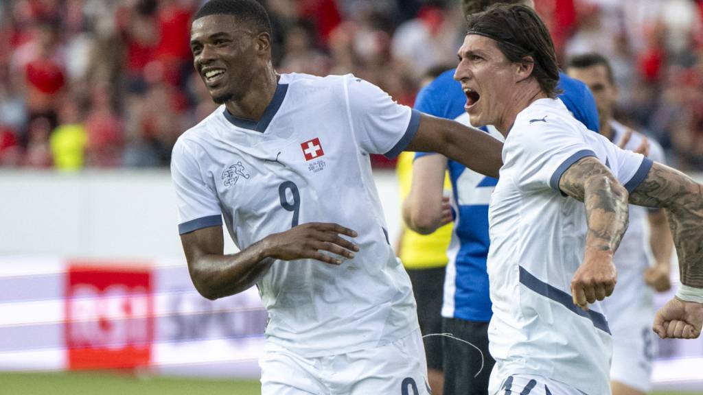 Glücklich über sein Länderspieldebüt: Kwadwo Duah (li., mit Steven Zuber)
