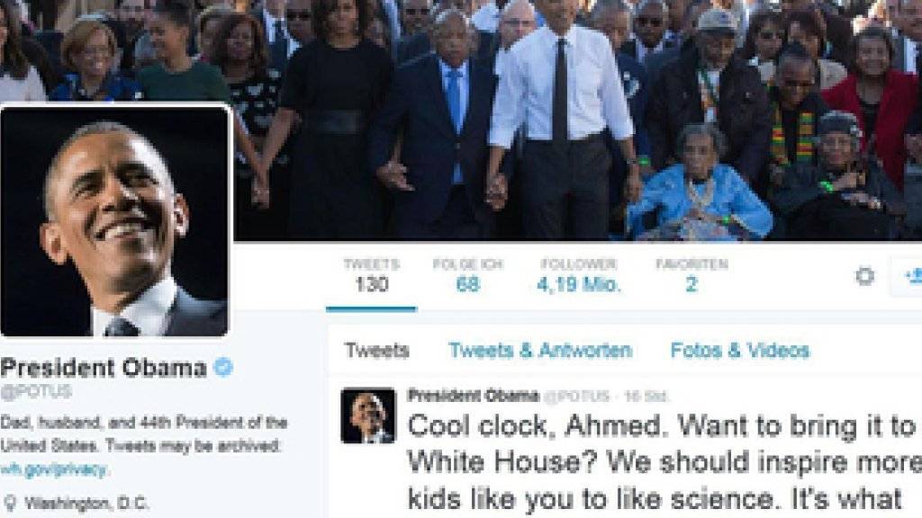 Twitter-Account des US-Präsidenten Barack Obama mit dem Tweet, mit dem er den 14-jährigen Ahmed Mohamed, dessen selbst gebaute Uhr in einer texanischen Schule mit einer Bombe verwechselt wurde, ins Weisse Haus einlädt (Screenshot dpa)