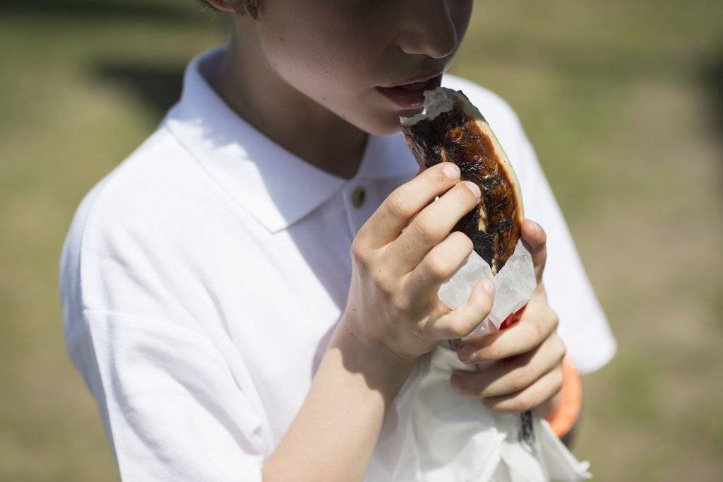 Ein Junge isst eine Bratwurst, auf dem Kinderfestplatz, aufgenommen am Freitag, 12. Juni 2015. (Bild Keystone/Gian Ehrenzeller)