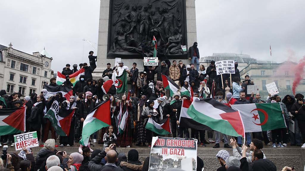 Demonstranten halten Fahnen und Plakate, während sie am Sockel der Nelson-Säule auf dem Trafalgar Square an einer pro-palästinensischen Demonstration teilnehmen. Foto: David Cliff/AP/dpa