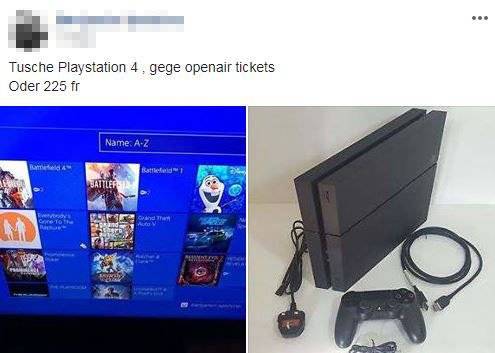 Seine Playstation oder 225 Franken bietet ein Mann für ein OAFF-Billett. (Screenshot: Facebook/Du bisch vo Frauefeld, wenn...)