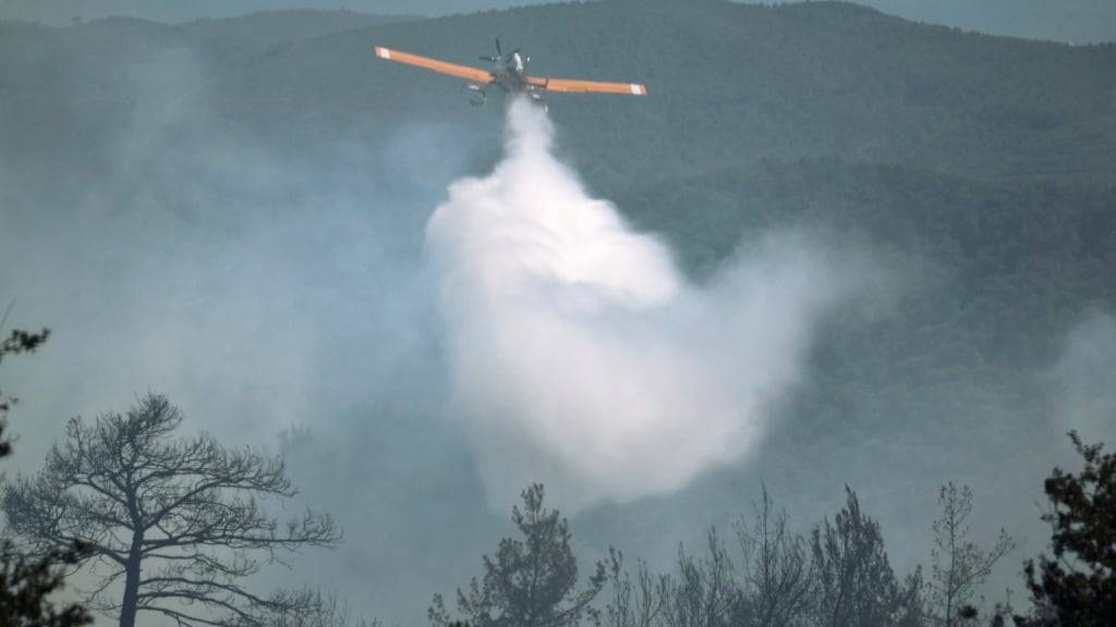 Ein türkisches Löschflugzeug wirft Wasser bei der Bekämpfung eines Waldbrandes in der Nähe der Stadt Rabia in der syrischen Provinz Latakia ab. Foto: Ghaith Alsayed/AP/dpa