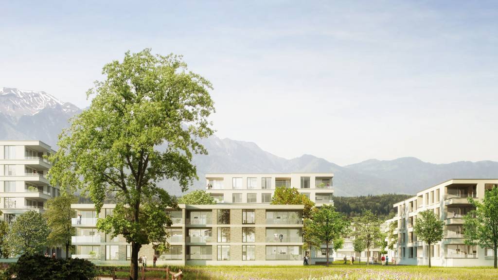 So stellen sich die Architekten und Planerinnen das neue Wohnquartier Hoffmatte in Thun vor, wo nun auch die Stiftung Solina ein Pflegeheim bauen will.