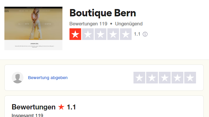 Auf der unabhängigen Bewertungsplattform Trustpilot kassiert «Boutique Bern» vernichtende Reviews.