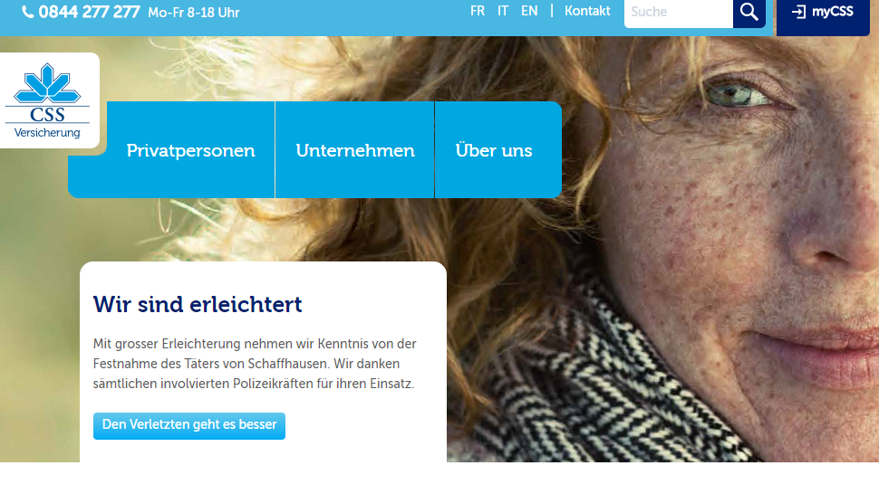 So reagierte die CSS-Versicherung auf die Nachricht der Festnahme des Täters. Screenshot www.css.ch