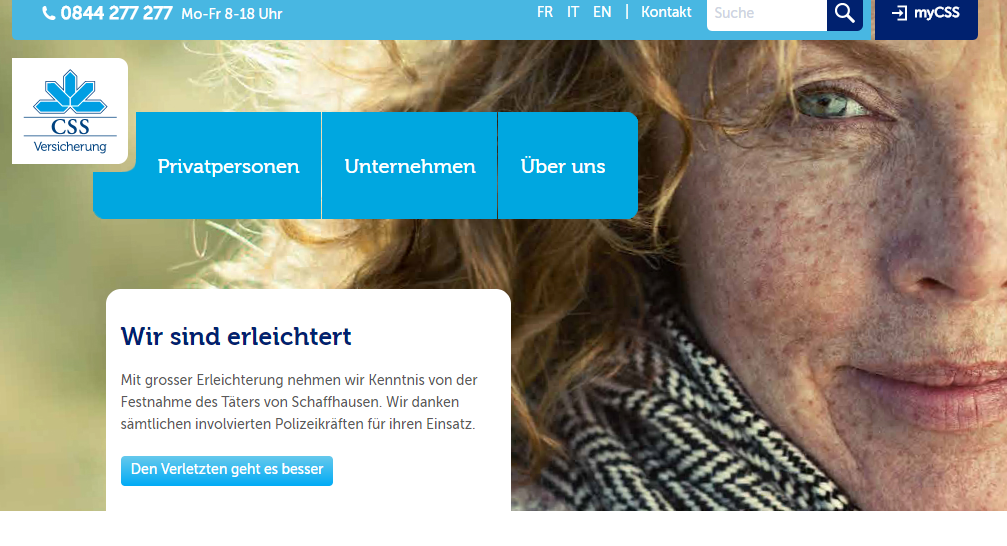 So reagierte die CSS-Versicherung auf die Nachricht der Festnahme des Täters. Screenshot www.css.ch