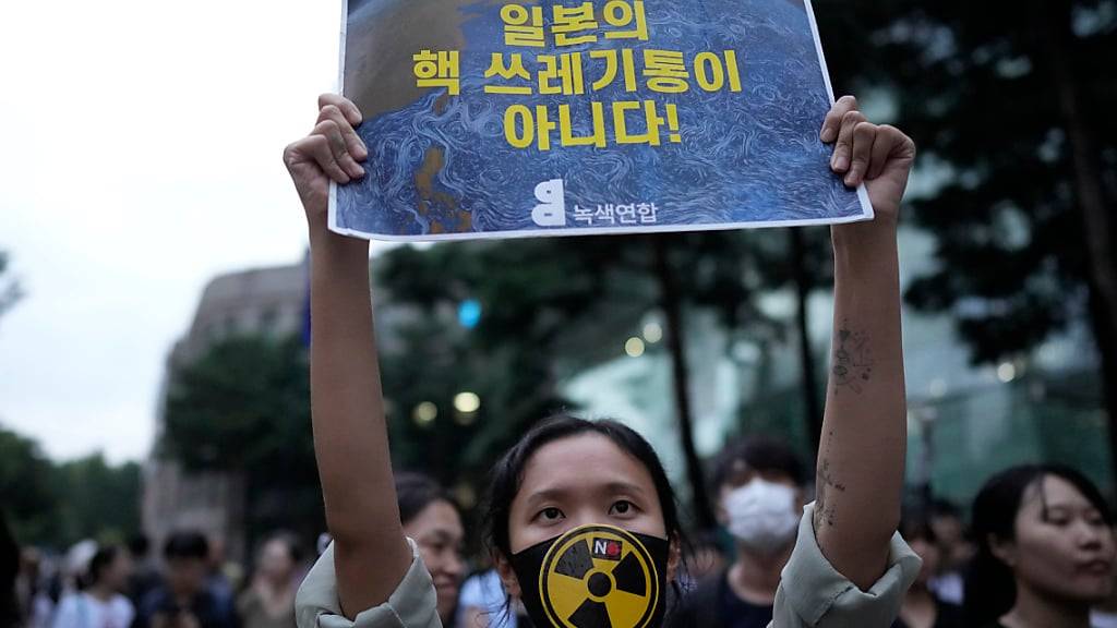 In Nachbarstatten wie Südkorea fordern Gegner noch während der Einleitung des Wassers ins Meer mit Kundgebungen die Rücknahme der Entscheidung der japanischen Regierung. Foto: Lee Jin-man/AP/dpa