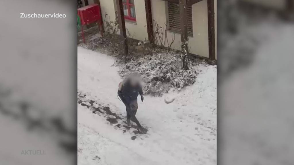 Kreativ oder illegal?: Ein Hauswart räumt den Schnee mit einem Laubbläser und verärgert die Anwohner