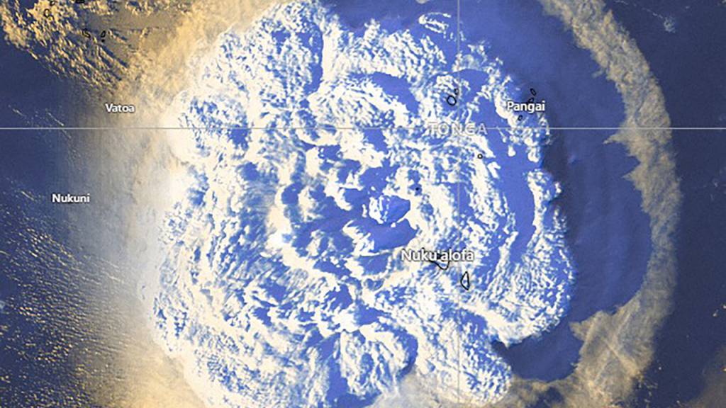 A supplied image obtained Saturday, January 15, 2022 shows a satellite image of a volcano eruption in Tonga. (AAP Image/Tonga Meteorological Services, Government of Tonga) NO ARCHIVING, EDITORIAL USE ONLY