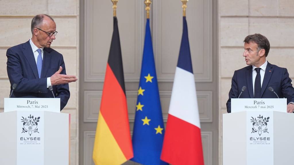 dpatopbilder - Der deutsche Bundeskanzler Friedrich Merz (links) zu Besuch beim französischen Präsidenten Emmanuel Macron in Paris. Foto: Michael Kappeler/dpa