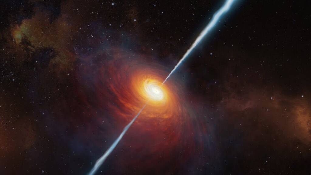 Eine künstlerische Darstellung des Quasars mit dem Namen P172+18. Er ist so weit entfernt, dass sein Licht etwa 13 Milliarden Jahre unterwegs war, bis es die Erde erreichte. (Handout ESO)