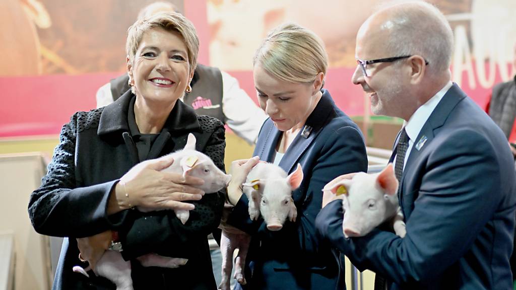 Bundesrätin Karin Keller-Sutter, die Zürcher Regierungsrätin Natalie Rickli und der St. Galler Regierungspräsident Stefan Kölliker mit den Säuli am traditionellen Messerundgang.