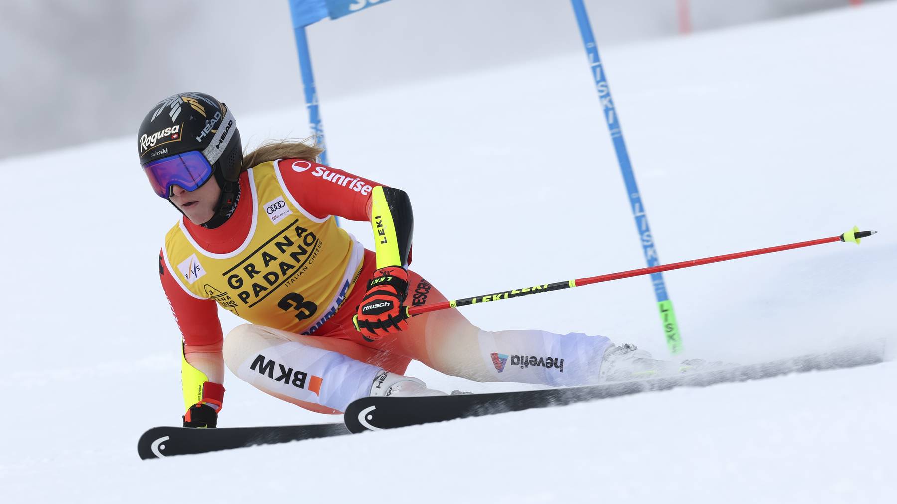 Switzerland's Lara Gut Behrami speeds down the course during an alpine ski, women's World Cup giant slalom, in Kronplatz, Italy, Wednesday, Jan. 25, 2023.